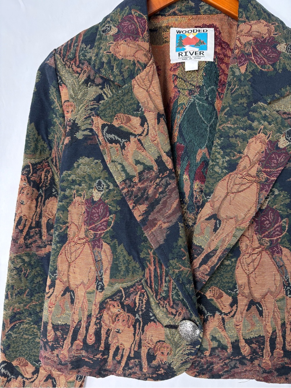 Wooded River Tapestry Equestrian Crop Blazer Horse Dog Size S Green Brown Idaho - Picture 2 of 6